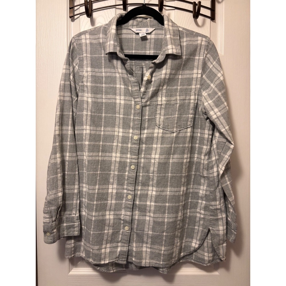 Old Navy The Tunic Shirt Gray White Plaid Flannel Button Down Cotton Large